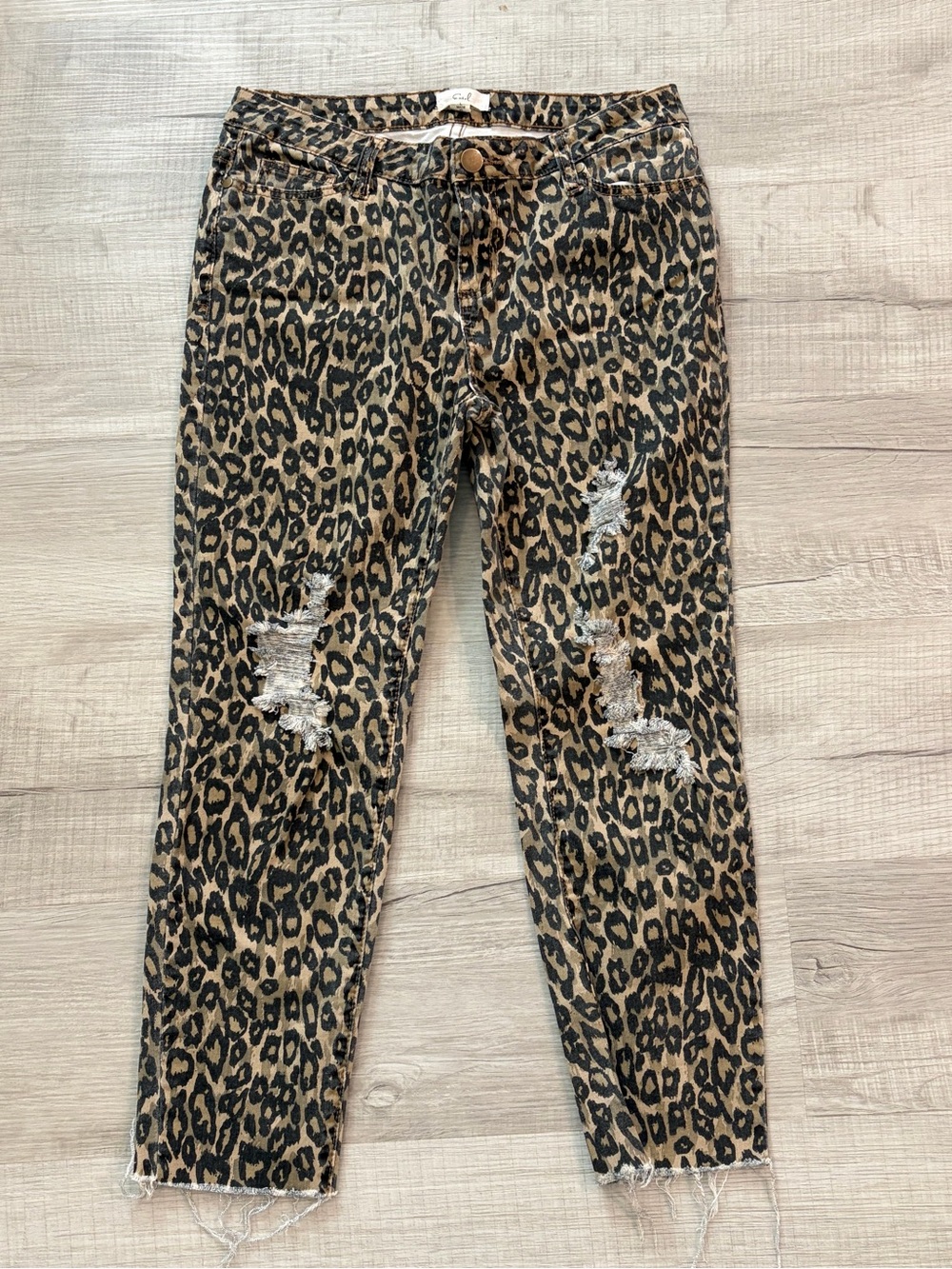 Easel Leopard Print Distressed Raw Hem Cropped Skinny Jeans Large
